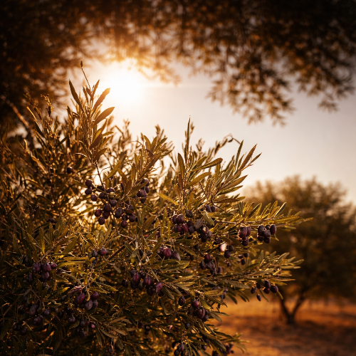 Olive tree with olives at sunset
