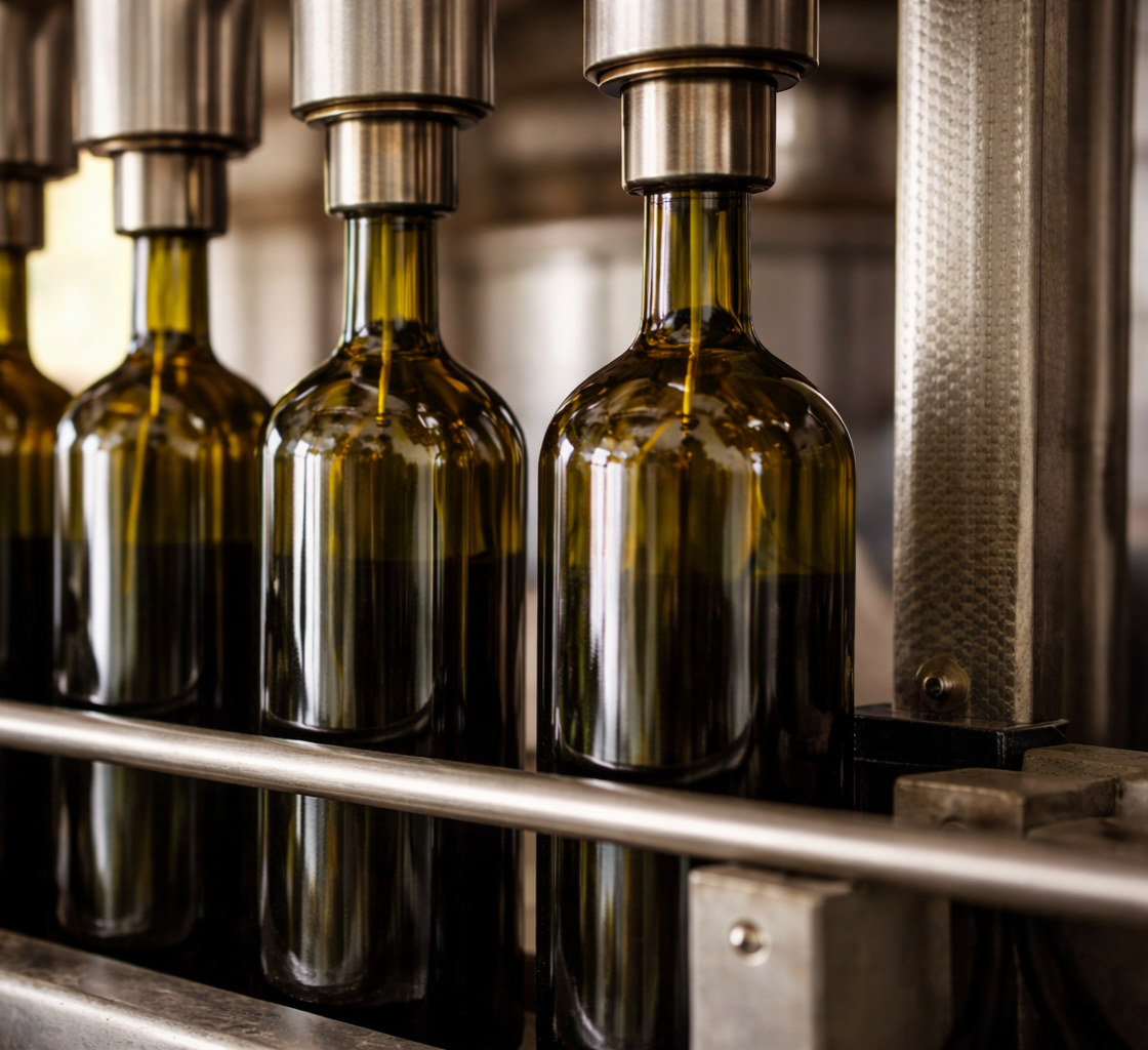Extra virgin olive oil being filled into glass bottles during automated bottling process