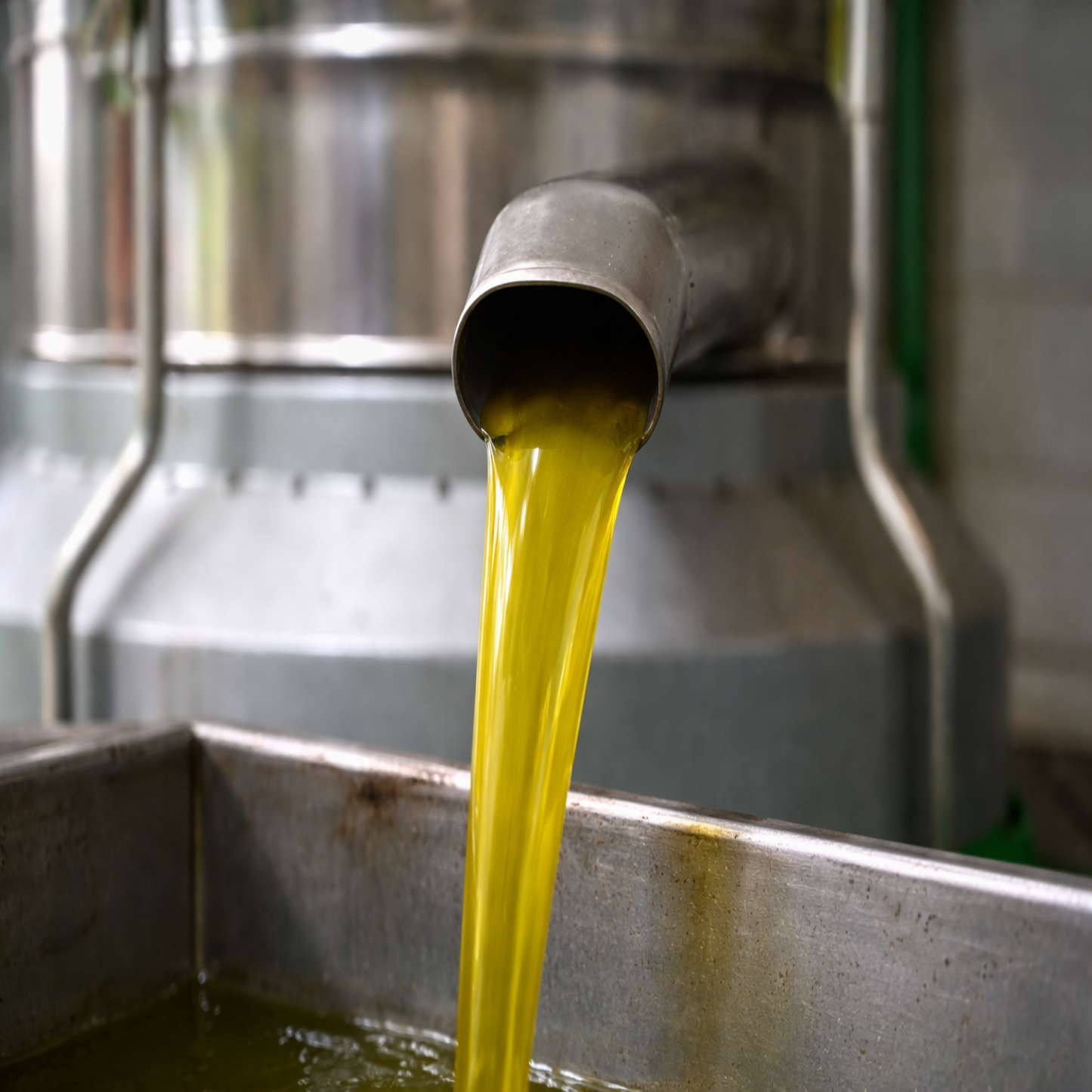 Fresh extra virgin olive oil flowing from stainless steel cold extraction machine during production