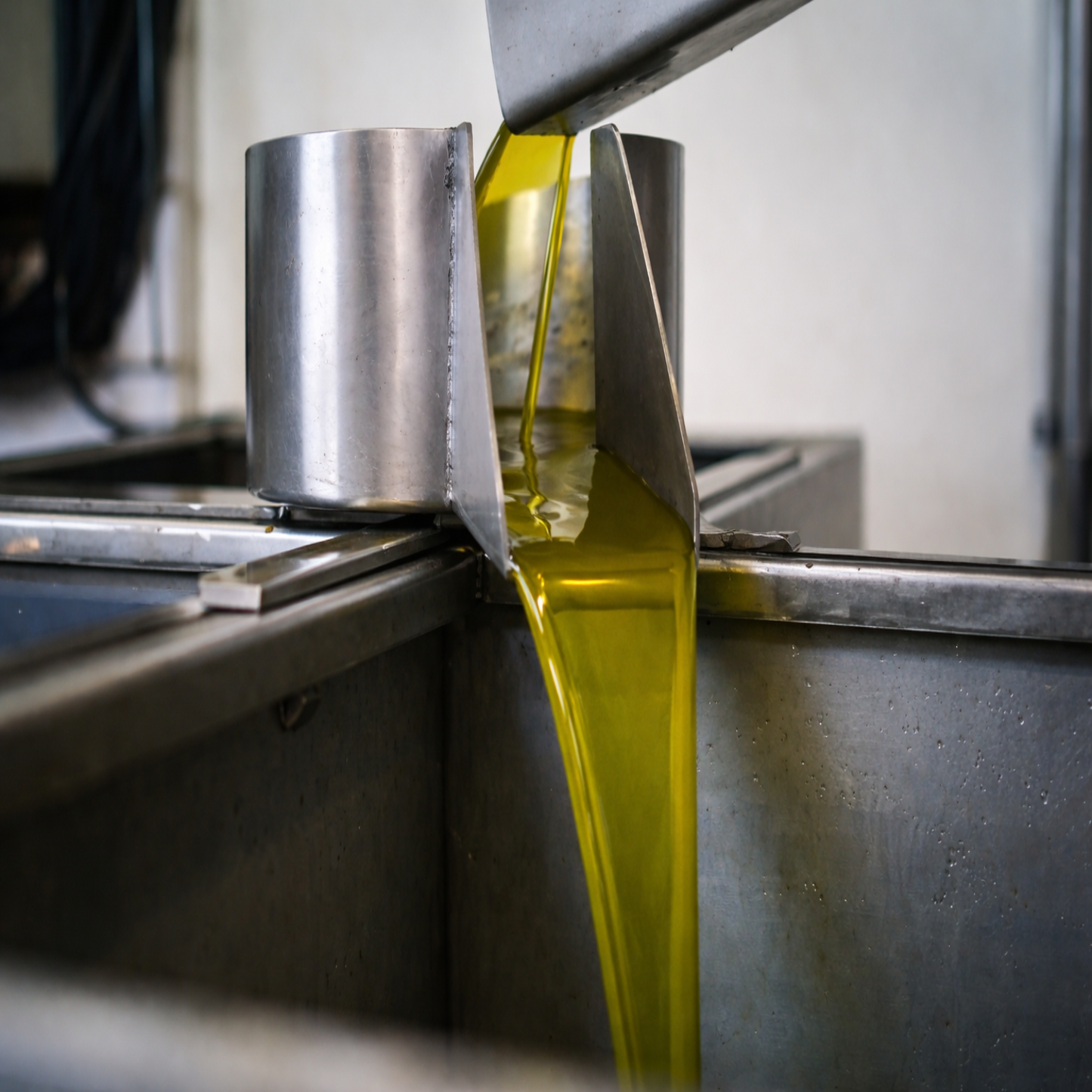 Freshly extracted extra virgin olive oil during cold extraction process in modern facility