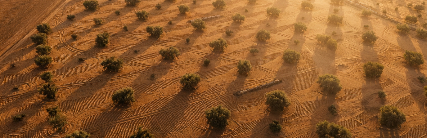 Mediterranean olive grove aerial sunrise Tunisia BYZANTA olive oil origin