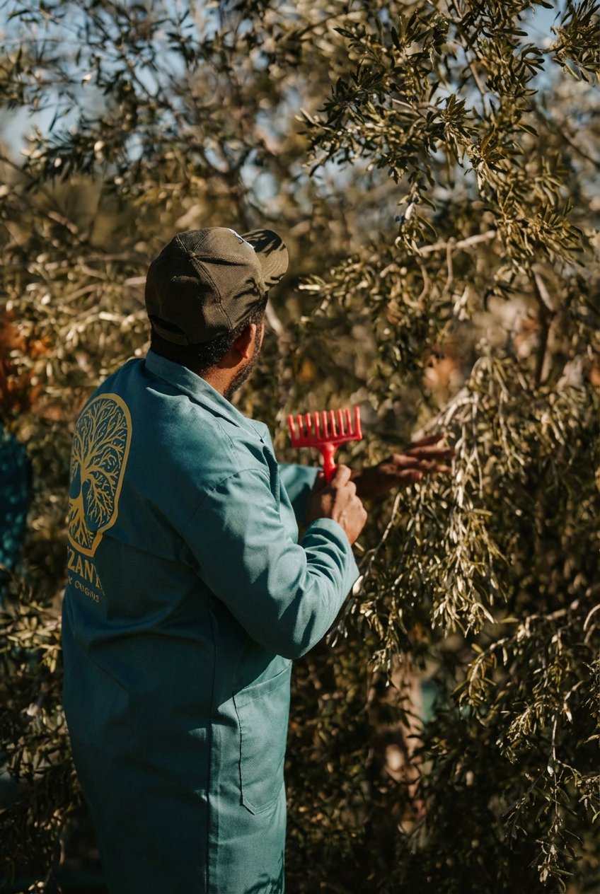 Manual olive harvesting in Mediterranean grove for premium extra virgin olive oil production