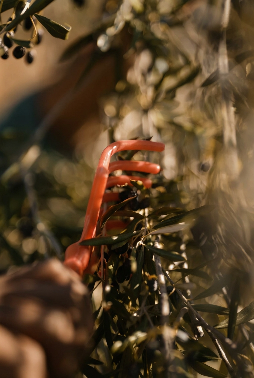 Olive harvesting in Mediterranean grove  for extra virgin olive oil production