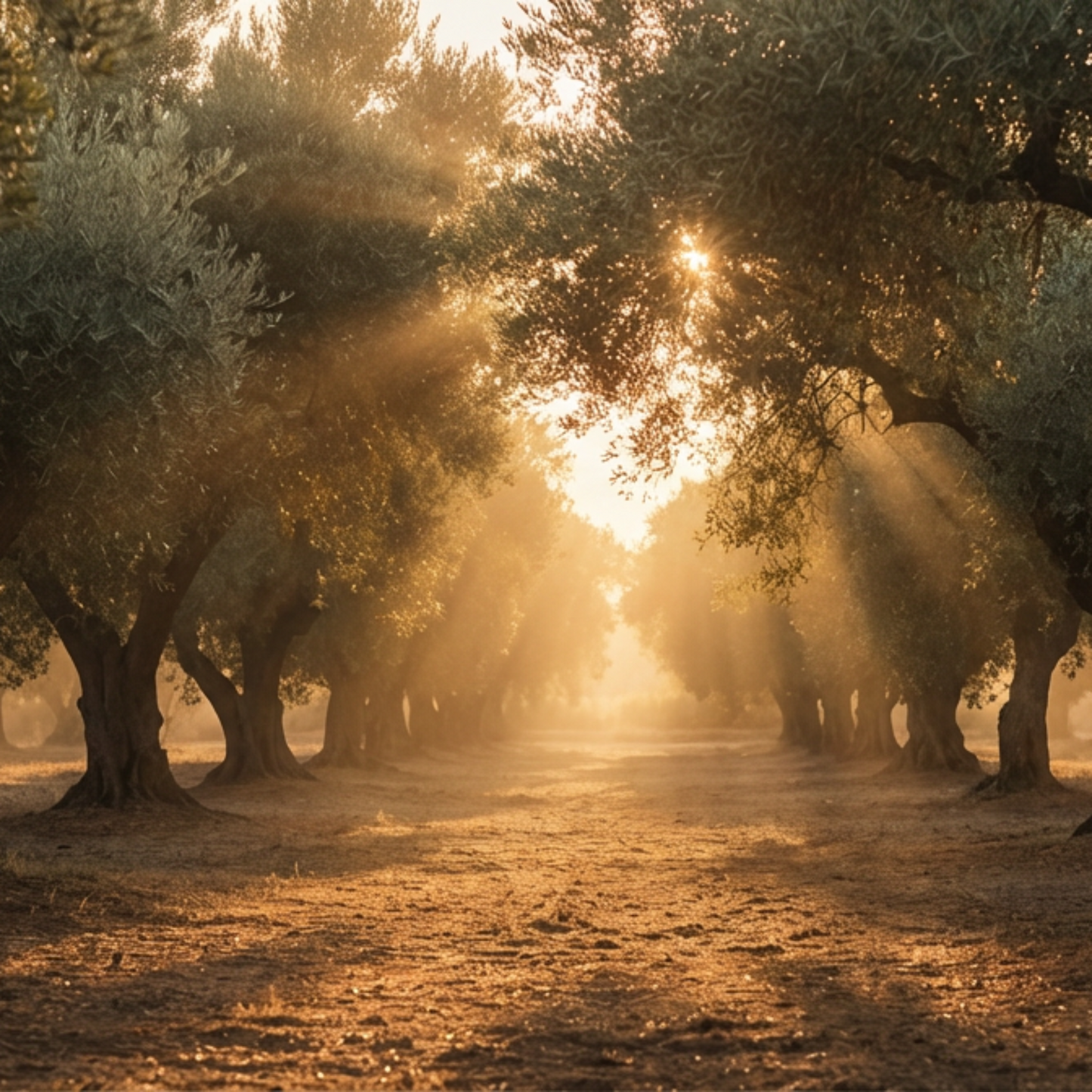 Sunlight filtering through olive trees in a sunlit forest